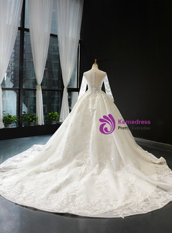 Stylish White Ball Gown Long Sleeve Tulle Appliques Wedding Dress 
