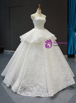 White Ball Gown Lace Sequins Strapless Sleeveless Floor Length Wedding Dress
