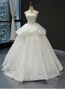 White Ball Gown Lace Sequins Strapless Sleeveless Floor Length Wedding Dress