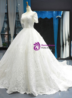 Marvelous White Ball Gown Tulle Appliques Short Sleeve Wedding Dress With Train