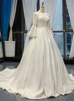 Advanced White Satin High Neck Puff Sleeve Wedding Dress With Beading