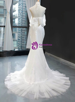 Simple Mermaid White Tulle Halter Backless Sleeveless Wedding Dress