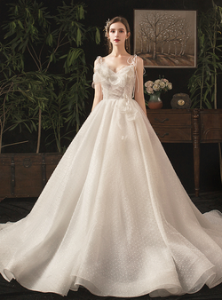 Light Champagne Ball Gown Tulle Sleeveless Spaghetti Straps Wedding Dress With Pearls