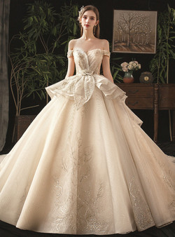 Luxury Champagne Ball Gown Tulle Sequins Off the Shoulder Beading Wedding Dress