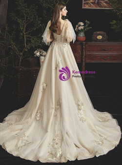 Dark Champange Tulle Deep V-neck Embroidery Appliuqes Floor Length Wedidng Dress