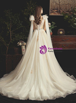A-Line Champagne Tulle Appliques Sexy V-neck Floor Length Wedding Dress