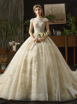 Wonderful Champagne Tulle Sequins High Neck Cap Sleeve Beading Wedding Dress 