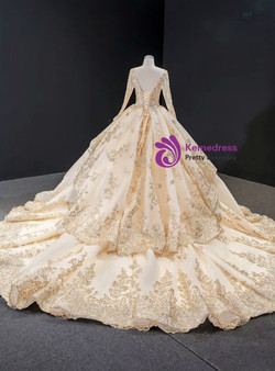 Glamorous Champagne Satin Sequins Long Sleeve Wedding Dress With Train