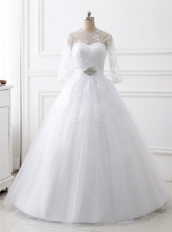 Adorable White Ball Gown Tulle Long Sleeve Backless Floor Length Wedding Dress With Belt