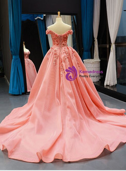 Fashionable Pink Ball Gown Tulle Off the Shoulder Appliques Prom Dress With Train