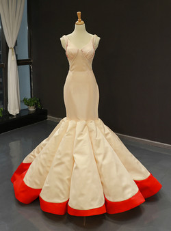 Champagne And Red Mermaid Satin V-neck Pleats Floor Length Prom Dress