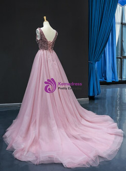 Pink Ball Gown Tulle Deep V-neck Backless Beading Long Prom Dress