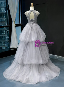 Gray Ball Gown Tulle High Neck Backless Cap Sleeve Long Prom Dress With Pearls