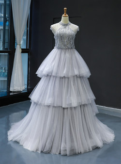 Gray Ball Gown Tulle High Neck Backless Cap Sleeve Long Prom Dress With Pearls