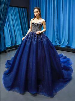 Dark Blue Ball Gown Tulle Sweetheart Beading Sequins Haute Couture Prom Dresses