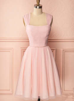 Simple Pink Tulle Straps Pleats Beading Homecoming Dress