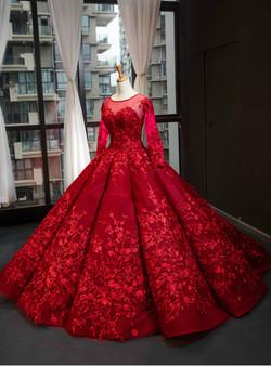 Romantic Dark Red Ball Gown Tulle Appliques Long Sleeve Backless Prom Dress