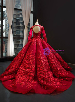 Romantic Dark Red Ball Gown Tulle Appliques Long Sleeve Backless Prom Dress