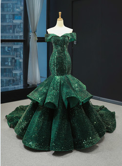 Glamorous Green Mermaid Sequins Off the Shoulder Luxury Prom Dress With Train
