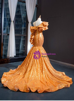 Fantastic Gold Yellow Mermaid Sequins Asymmetrical Neck Ruffles Long Prom Dress