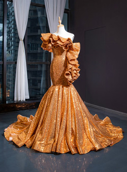 Fantastic Gold Yellow Mermaid Sequins Asymmetrical Neck Ruffles Long Prom Dress