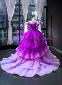 Polished Purple Ball Gown Tulle V-neck Tiers Luxury Prom Dress With Train