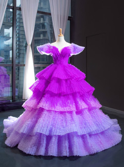 Polished Purple Ball Gown Tulle V-neck Tiers Luxury Prom Dress With Train