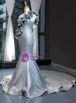 Temperament Silver Gray Mermaid Sequins Sleeveless Ruffles Appliques Long Prom Dress