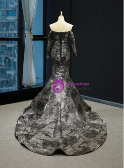 Impressive Memraid Black And Silver Color Off the Shoulder Long Sleeve Prom Dress