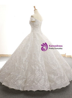 High quality White Ball Gown Tulle Lace Appliques Off the Shoulder Long Prom Dress