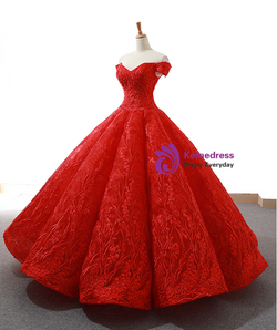 Popular Red Ball Gown Tulle Lace Appliques Off the Shoulder Floor Length Prom Dress