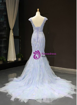 Sexy Blue Tulle Mermaid Deep V-neck Backless Cap Sleeve Prom Dress With Beading