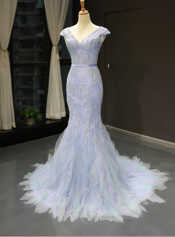 Sexy Blue Tulle Mermaid Deep V-neck Backless Cap Sleeve Prom Dress With Beading