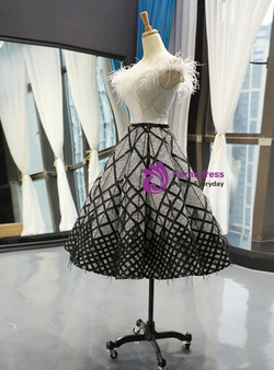 A-Line Black White Ball Gown Lace Sequins Tea Length Prom Dress