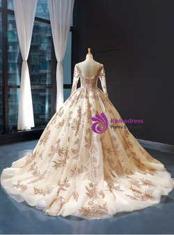 Light Champagne Ball Gown Tulle Sequins Appliques Long Sleeve Backless Prom Dress