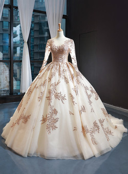 Light Champagne Ball Gown Tulle Sequins Appliques Long Sleeve Backless Prom Dress