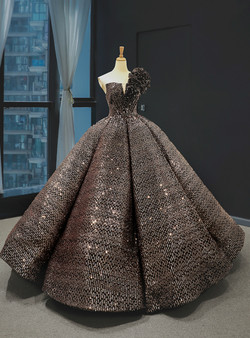 Brilliant Black Gold Ball Gown Sequins One Shoulder Luxury Prom Dress