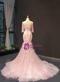 Wonderful Pink Mermaid Long Sleeve Backless Beading Sequins Prom Dress