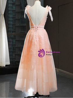 Pretty A-Line Orange Tulle Appliques Backless Pleats Prom Dress With Beading