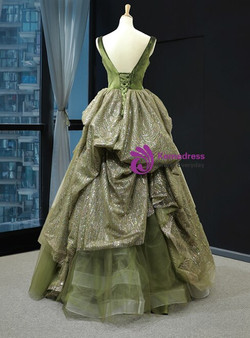 Green Ball Gown Sequins V-neck Backless Sleeveless Long Prom Dress