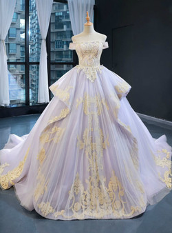 Flattering Light Purple Tulle Appliques Off the Shoulder Haute Couture Prom Dress