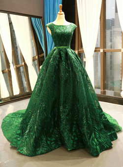 Modest Green Ball Gown Lace Sequins Backless Cap Sleeve Long Prom Dress