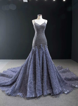 Sexy Gray Mermaid Tulle Sequins Spaghetti Straps Prom Dress With Train