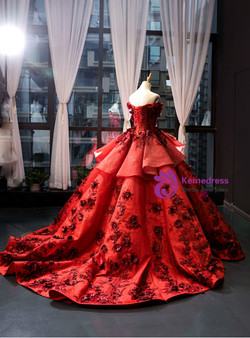 Elegance Burgundy Ball Gown Sequins Off the Shoulder 3D Flower Haute Couture Prom Dress