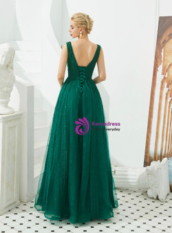 Unique Green Tulle V-neck Backless Sleeveless Beading Sequins Floor Length Prom Dress