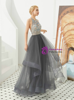 Popular Gray Tulle Halter Backless Beading Flower Floor Length Prom Dress