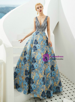 New arrivals Blue Print V-neck Backless Sleeveless Floor Length Prom Dress