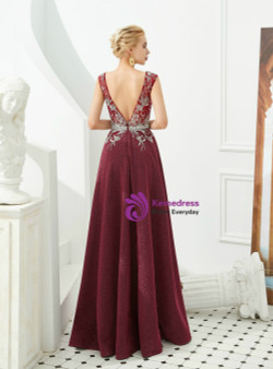 Exquisite Burgundy Satin Deep V-neck Backless Beading Long Prom Dress