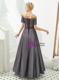 Modest Purple Short Sleeve Beading Bateau Floor Length Prom Dress