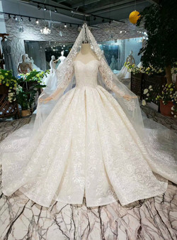 Champagne Lace Tulle Off the Shoulder Beading Wedding Dress With Long Veil 